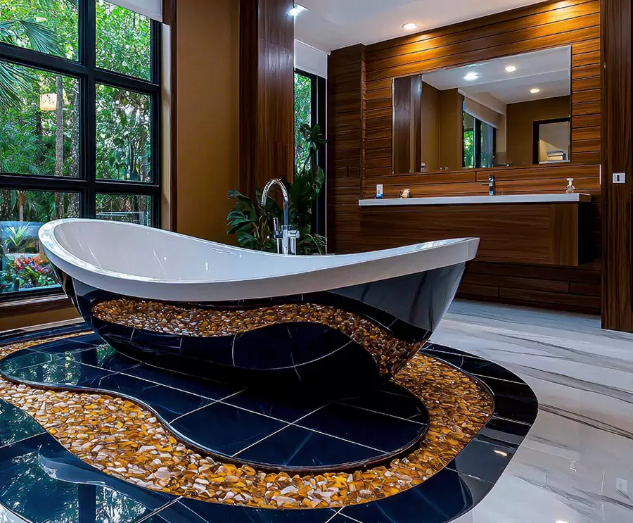 Freestanding tub on pebble floor